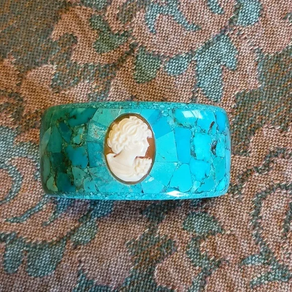 Unique Turquoise & Cameo Mosaic Bangle Bracelet - Picture 2 of 9